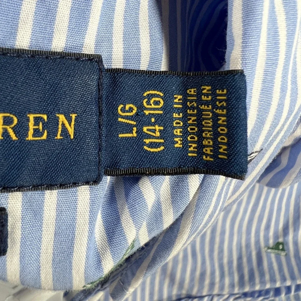Ralph Lauren Shirt Boys Large 14-16 Blue White Striped Button Down Flag Preppy